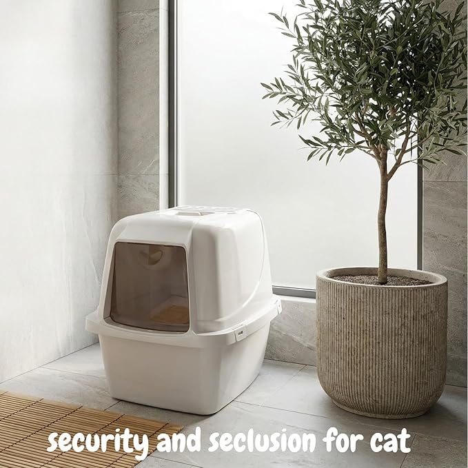 Large Enclosed Cat Litter Box with Vented Hood, Prevents Scatter and Odors, Cat & Rabbit Corner Covered Litter Box,19x14x15.5 Inches, Pearl White