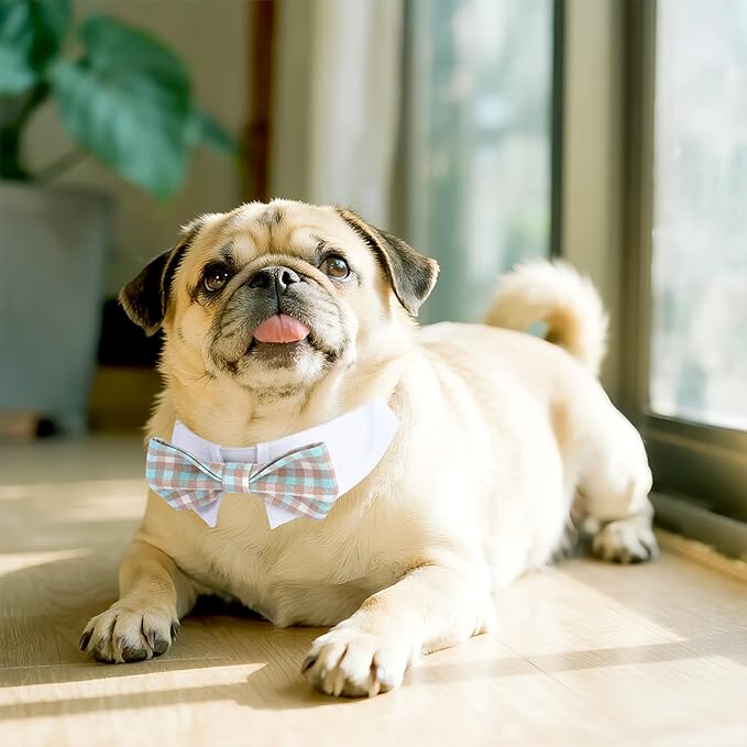 Segarty Dog Bow Tie Neck Girth 10.2-12.6in, Adjustable Blue Khaki Plaid Bowtie Collar for Dog, Medium Necktie Tuxedo Comfortable Cotton Pet Grooming Accessory for Formal Wedding Holiday Birthday Party