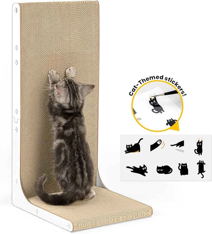 Cat Scratcher Lounge, 23 Inch L-Shaped Cat Scratch Pad, Vertical & Horizontal Scratching 1.2" Thick Cardboard with Fun DIY Stickers, Durable, Eco-Friendly