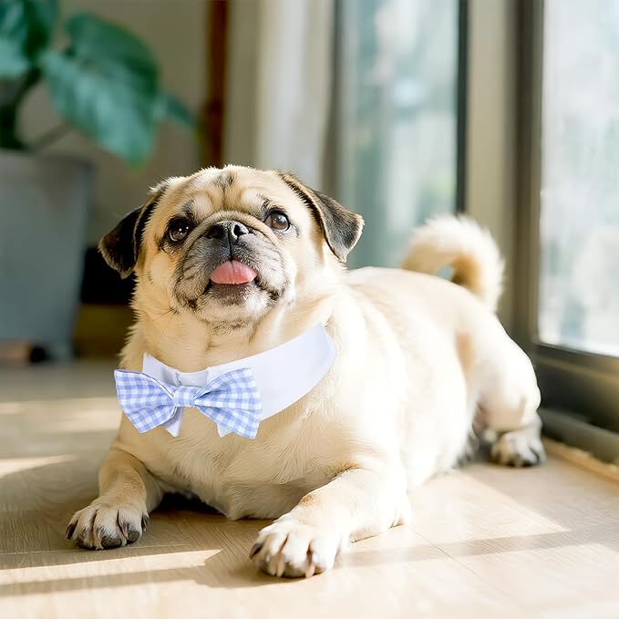 Segarty Dog Bow Tie for Neck Girth 10.2-12.6in, Adjustable Light Blue Plaid Bowtie Collar, Medium Pet Necktie Tuxedo Comfortable Cotton Boy Pets Grooming Accessories for Wedding Holiday Birthday Party