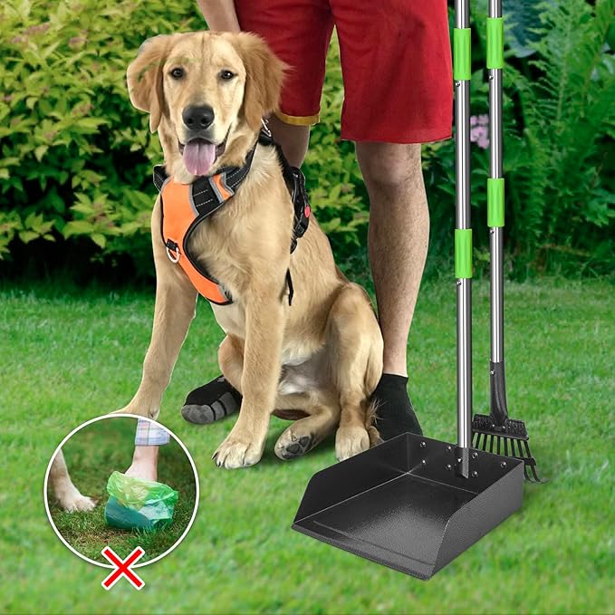 TOOGE Larger Pooper Scooper for Large Dogs, Dog Pooper Scooper for Large Medium Small Dogs Long Handle Stainless Metal Tray and Rake Set Heavy Duty