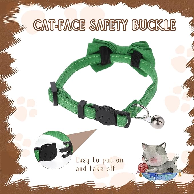 2 Pcs Bowtie Cat Collar with Bell Breakaway Cat Collars Cute Boy Kitten Collar Adjustable Small Puppy Safety Collar Solid Color Plaid Pet Collar (Green)