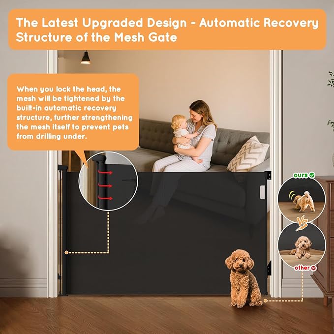 Retractable Baby Gate for Stairs, 71" Wide Mesh Pet Gate, Automatic Tension, One-Hand Operation, 38" Tall Baby Gates for Doorways, Hallways, Deck, Indoor Outdoor, Safe, Easy to Fit, Black