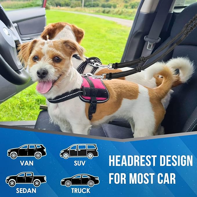 Dog Seat Belt for Car, Dual Pet Vehicle Headrest Restraint Safety Seatbelt,Two Dog Leash No Tangle Dog Car Leash Seat Belt,Duty Adjust Elastic Connect Harness in Vehicle Travel(Pink)