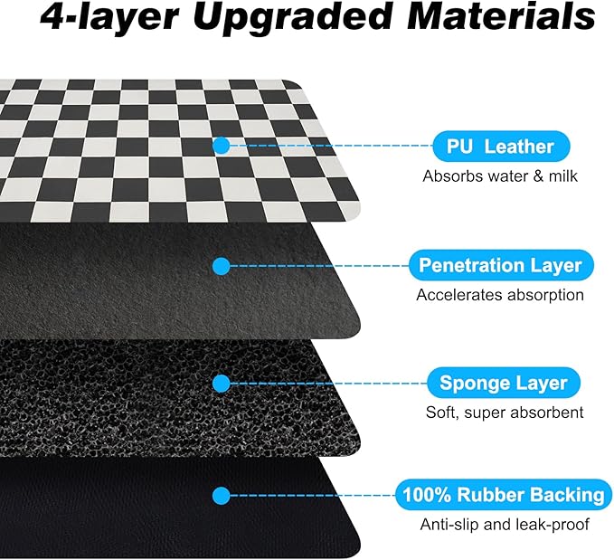 Checkered Dog Food Mat, Absorbent Leak-Proof Pet Feeding Mat, Quick Dry Cat Food Mat for Messy Drinkers 12" x 20" Black