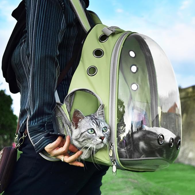 Cat Backpack Carrier Back Expandable Bubble Pet Carrier Backpack for Large Cat, Kitten and Dog, Designed for Hiking, Travelling and Outdoor Use (Back Expandable-LightGreen)