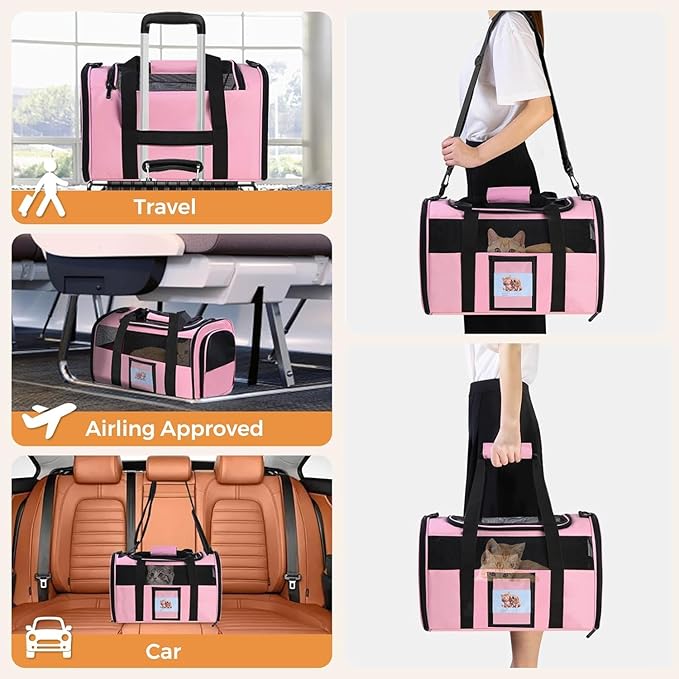 Soft Cat Carrier for Pets Up to 25 lbs, Cat Pet Travel Bag with Padded Shoulder Strap and Detachable Cat Food Bowl, Pet Dog Carriers for Small Dogs and Puppies, Travel Carry, Pink