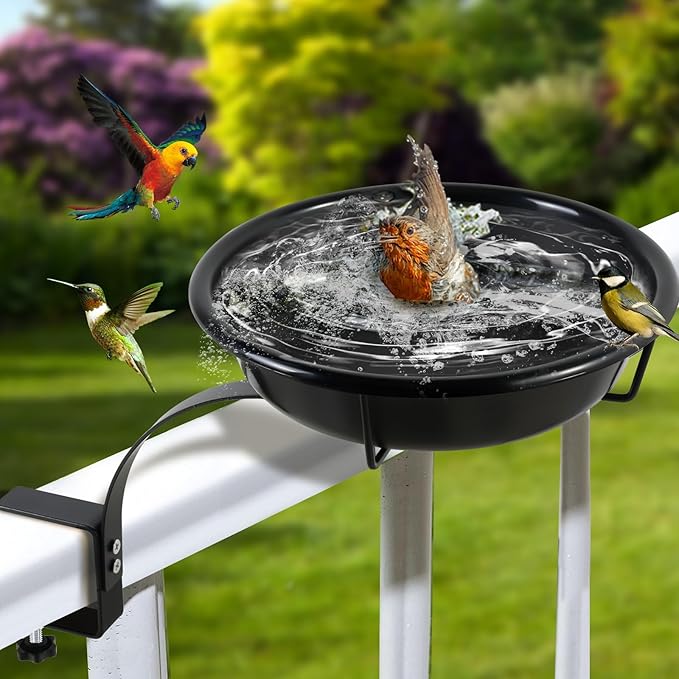 10.6-Inch Bowl Deck Mounted Bird Bath for Outside, Metal Birdbaths for Outdoors, Outdoor Bird Bath with Adjustable Clamp for Railing Balcony Fence, Bird Feeders for Outdoors Garden Decor