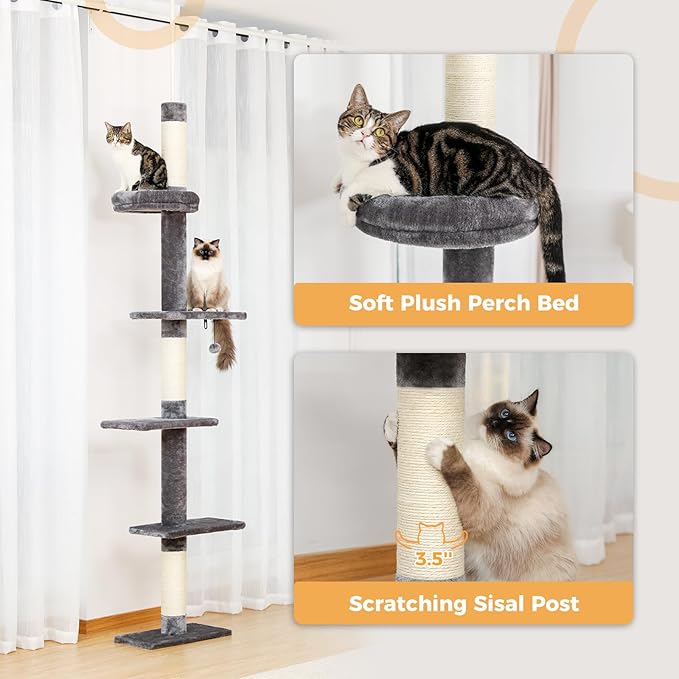 PETEPELA Cat Tower 5-Tier Floor to Ceiling Cat Tree Height(95-107 Inches) Adjustable, Tall Climbing Tree Featuring with Scratching Post, Cozy Bed,Interactive Ball Toy for Indoor Cats/Kitten Grey