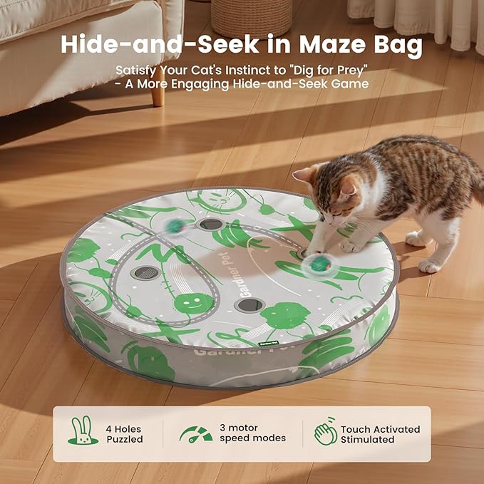 Gardner Pet Interactive Cat Toys Ball,Self Moving Ball in 4 Holes Play Mat,Tap Activation Moving Toy Hide and Seek Exercise Kicker Catching Game for Indoor cat,Real Bird Calls,USB Charging,28 Inch
