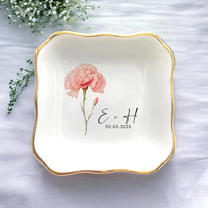 Personalized Floral Jewelry Dish, Engaged Ring Dish, Custom Trinket Dish Engagement Gift for Newly Engaged Couple, Mr and Mrs Ring Dish Just Married Valentines Gifts Keepsake
