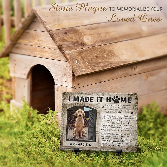 Personalized Polychromatic Rock Plaque: 'I Made It Home' - Memorial Stone Gifts for Loss of Your Beloved Pet, Sentimental Dog and Cat Grave Markers in Our Hearts, House Decoration