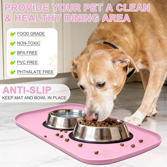 Silicone Pet Food Mat with Raised Edge for Food and Water Bowl, Dog Feeding Mats, Cat Food Trays for Floor Waterproof, Rubber Tray for Dogs and Cats, 24 x 16 x 0.8 Pink