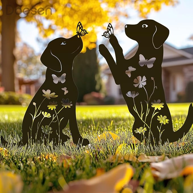 Metal Dog Garden Decor for Outside (2 Pack), 17" Puppy Decorative Garden Stakes, Black Dog Silhouette Outdoor Dog Decor, Dog Yard Art, Weather Resistant Steel Dog Yard Decor for Dog Lovers