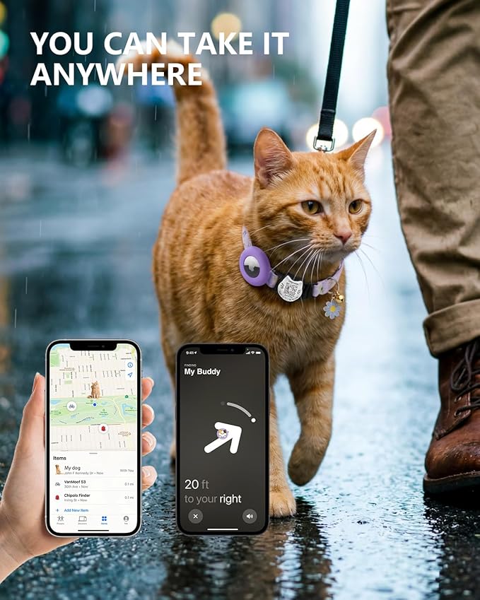 Smart Breakaway Cat Collar with QR Code Pet ID, Built-in AirTag Holder, Adjustable Cotton Cat Collar with Bell for Kittens and Adult Cats ，Pastoral Style with airtag Holder(Purple)