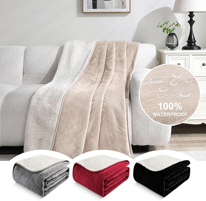 Waterproof Blanket for Beds – Ideal for Couch & Pets Splash Proof Sherpa Throw, Leakproof TPU Layer, Stain Resistant Washable Bed Protector – Khaki, 90"x 80"