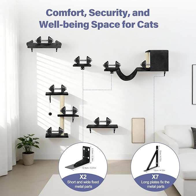 Cat Wall Shelves, Stable & Safe 6 in 1 Cat Furniture Set Black, for Cats to Climb, Hide, Lounge, and Scratch