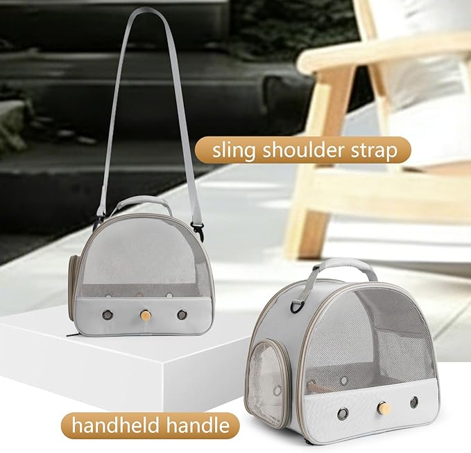 Bird Carrier, Portable Small Bird Parrot Parakeet Carrier with Standing Perch and Soft Support Mat, Side Access Window Collapsible (Grey, Mesh Windows)