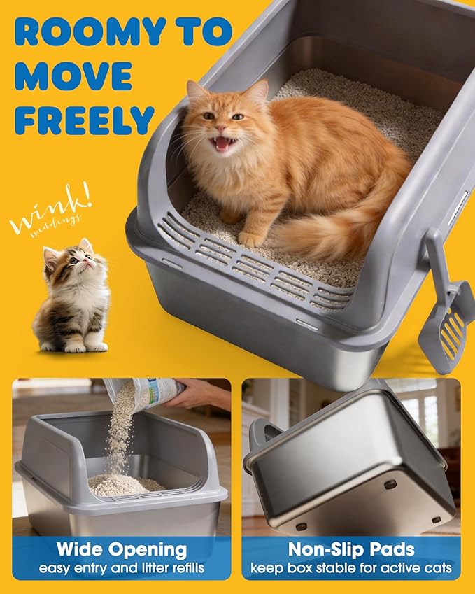 Stainless Steel Cat Litter Box, Metal Litter Box with Scoop, High- Sided, Anti-Leakage Top Entry, Non-Sticky, Easy to Clean, Grey, M (1 Pack)