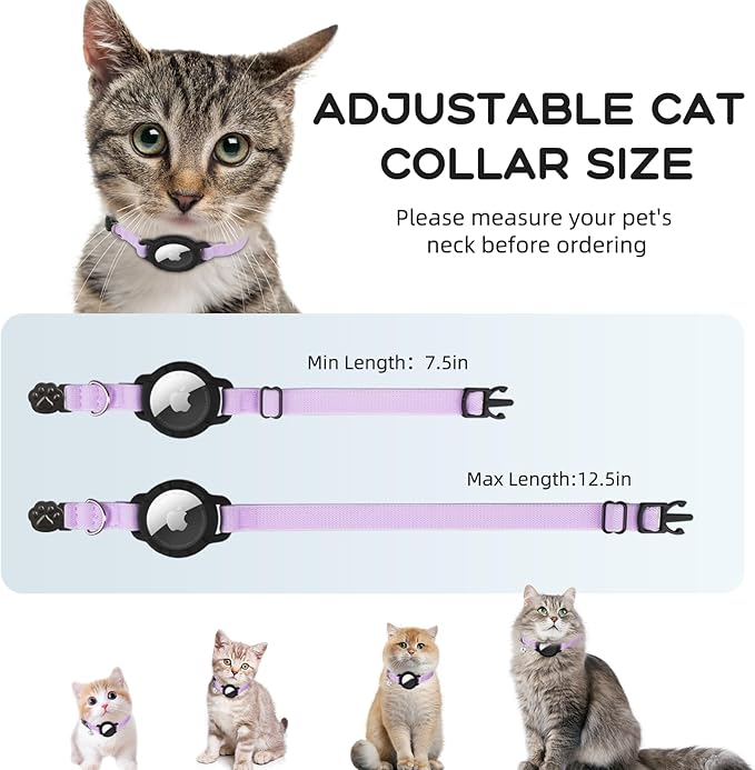 AirTag Cat Collars, Stretchy Collar with Apple AirTag Holder and Bell, Breakaway Ultra Design Elastic GPS Tracking Collars for Cats and Puppies, (7.5-12.5 Inch), Purple