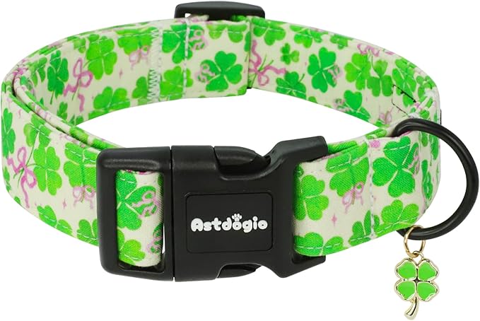 St. Patrick's Day Dog Collar, Cute Dog Collars with Green Clover, Adjustable Cotton Pet Collars for Small Medium Large Dogs, Ideal for Puppy Girl Boy Female Male Dogs Gifts-M