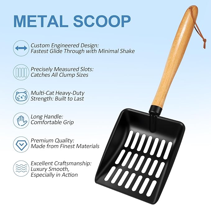 Cat Litter Scoop, Metal Litter Scoop, Heavy Duty Metal Cat Scooper for Litter Box, Black Sifter Scoop for Pellets, Wooden Handle Scoop with Hole, Kitty Necessity (9.8" Handle with Holder)