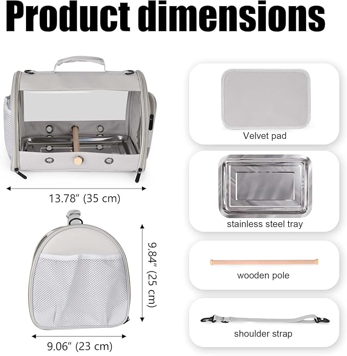 Small Bird Travel Carrier Cage for Long Tail BirdCockatiel Parakeet Parrot, Includes Metal Tray Soft Mat and Wooden Standing Perch, Hands Free Lightweight Clear 2 Windows