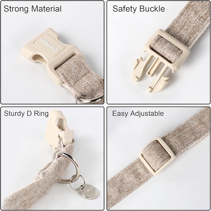 DOGWONG Cotton Hemp Dog Collar, Heavy-Duty Khaki Dog Collar Adjustable Soft Natural Fabric Pet Cute Wedding Puppy Necklace for Small Dogs"