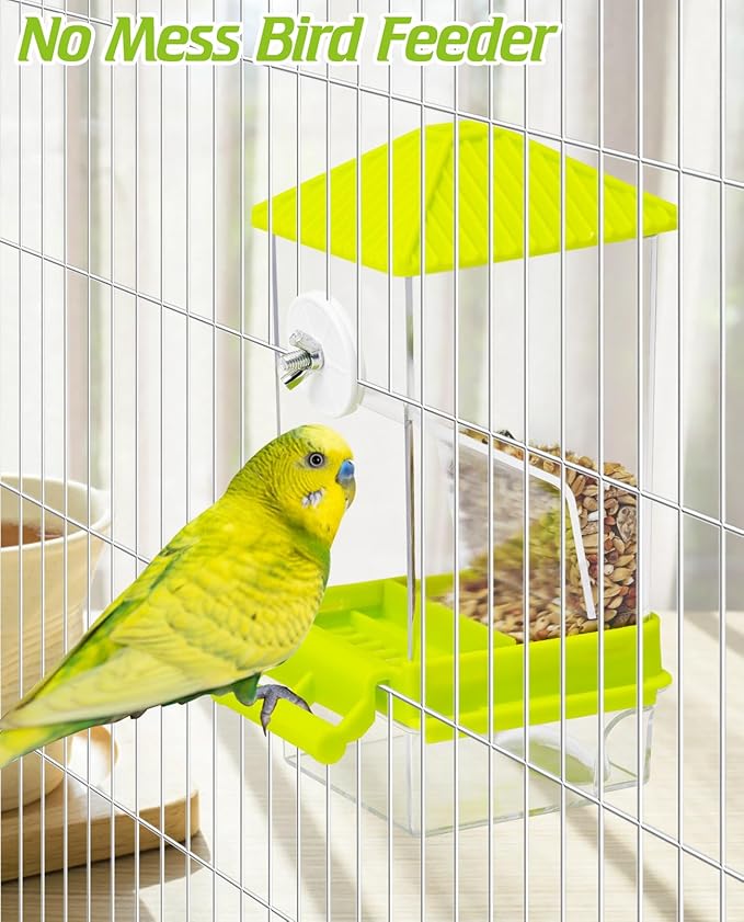 BNOSDM No Mess Automatic Bird Feeder 2 Pcs Anti-Splash Bird Feeder Acrylic Transparent Food Container Parrot Cage Accessories for Parakeets Budgies Lovebirds Cockatoos Conures Finches (Green)
