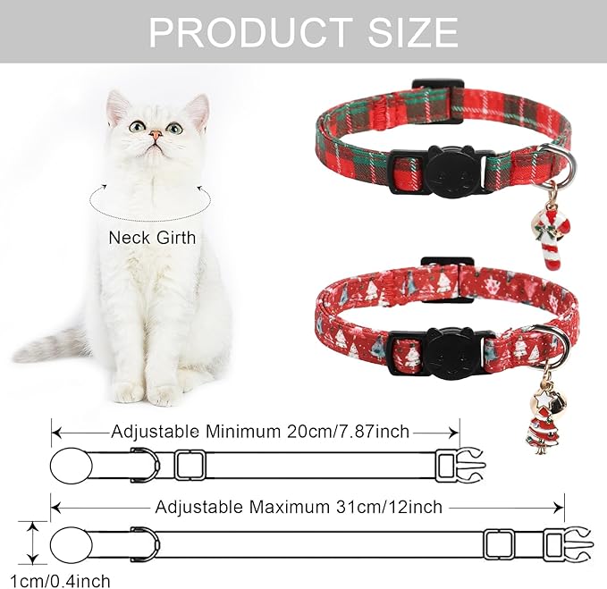 Lionet Paws 2pcs Pack Christmas Cat Collarr,Christmas Tree & Red Green Plaid Cat Kitten Collars with Breakaway Buckle,Ideal for Girl Cats