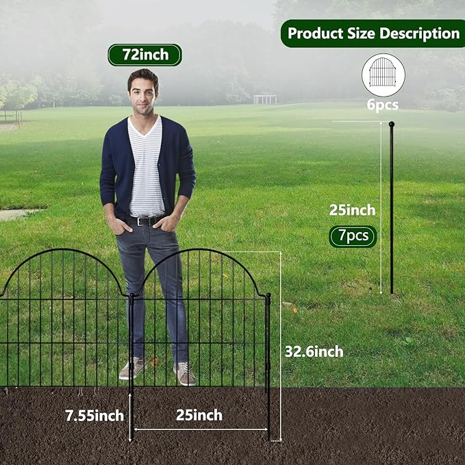 6 Panels No Dig Decorative Garden Fence, 25in (H) x 12.2ft (L) Animal Barrier Fencing for Dog, Easy Install Temporary Fence for Yard, Rustproof Wire Garden Border