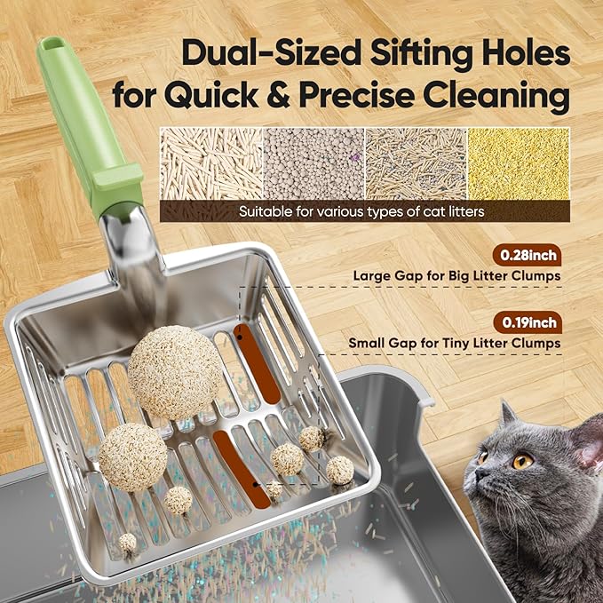 Metal Cat Litter Scoop, Large Cat Scooper with Deep Shovel & Dual Sifting Holes for Fast & Precise Sifting, Space Aluminum Kitty Litter Scooper with Long Handle & Easy-to-Hang Hook - Mint