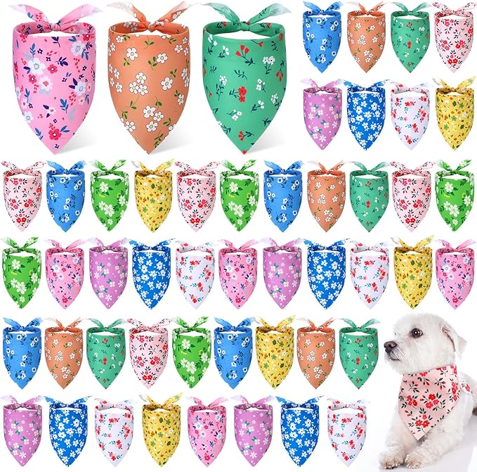 Weewooday 50 Pcs Spring Dog Bandanas Bulk for Dogs Soft Bibs Adjustable Triangle pet Bandana for Small Medium Large Costume(Floral Pattern, 25.6 x 17.7 x 17.7 Inch)