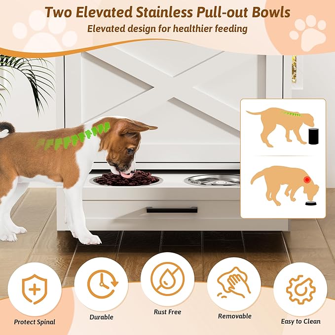 Modern Dog Food Storage Cabinet with 2 Elevated Doggy Bowls, Pet Feeding Station with Organizer, Tilt Out Pet Food Cabinet Furniture, White