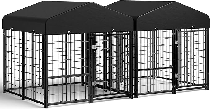 Sino Luban 2PCS Outdoor Dog Kennel Outside Run with Doggy Door&Waterproof Roof - 4x4x4.6FT Large Dog Kennels Pens Outside for Small/Medium Dogs - Heavy Duty Cage Yard (Can Connect to Your Dog House)