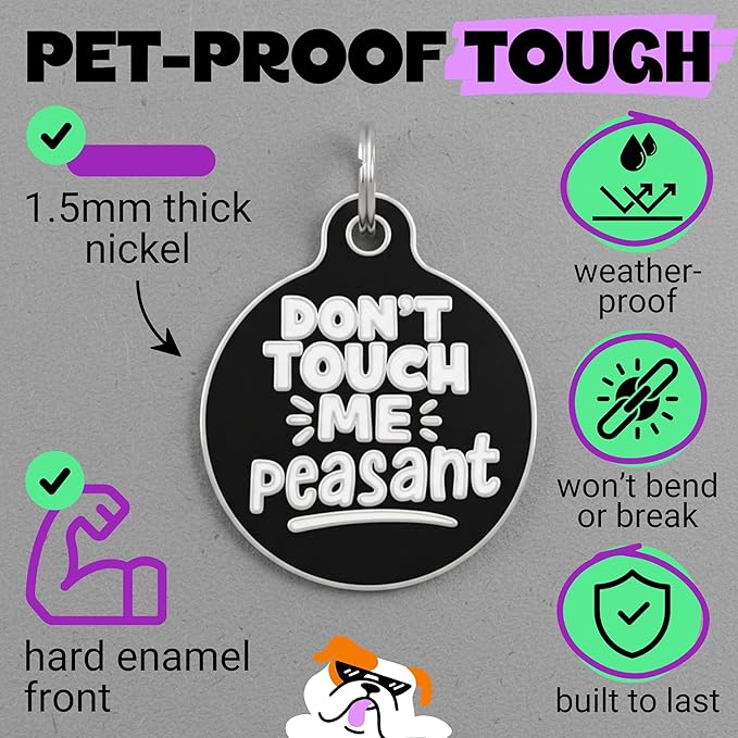 Bad Tags Personalized Dog and Cat ID Tags in 25+ Designs and 2 Sizes - 5 Lines of Custom Engraved Text - Funny Cute Personalized Pet Tags (Don't Touch Me Peasant, Large (1.25 inch))