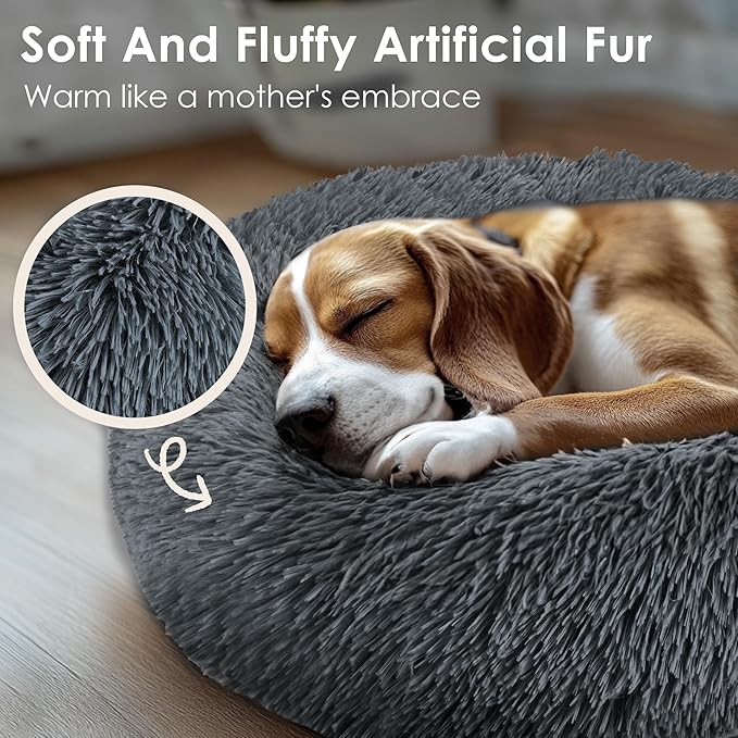 Dogs Bed for Small Dogs, Anti-Anxiety Washable Round Bed (Dark Grey, 24.0" L x 24.0" W x 8.0" Th)