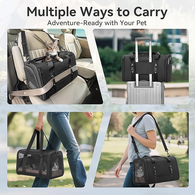 PETSFIT Large Cat Car Carrier with Patented Safety Buckles(19 x 12 x 12) – Roomy Escape-Proof for Safe Driving, Lockable Zippers & Safety Tether, Soft-Sided Travel Carrier for Road Trips & Vet Visits