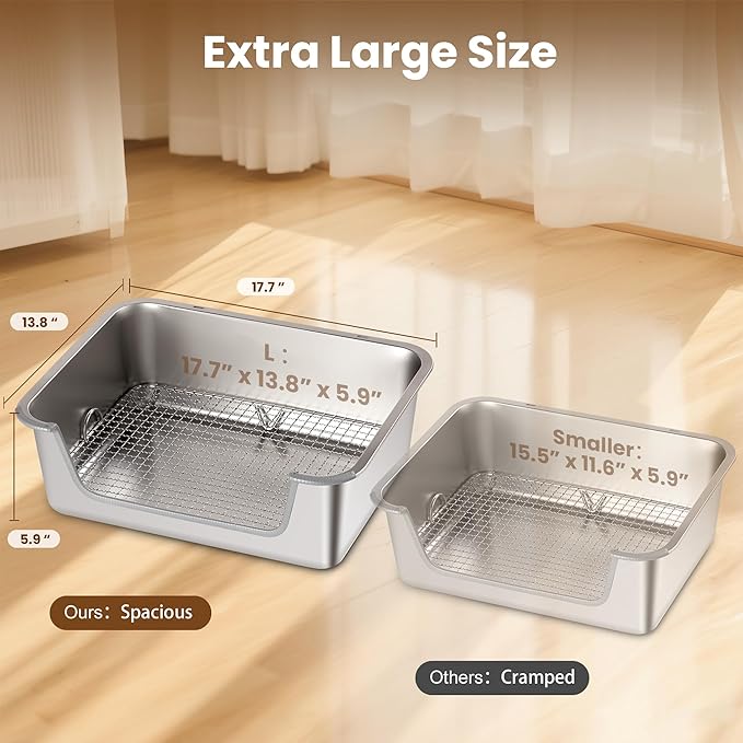 Rabbit Litter Box, Extra Large Bunny Litter Box with 304 Stainless Steel Sifting Tray & Hooks, Rabbit Litter Box, Easy to Clean and Odor Control (17.7" × 13.8" × 5.9")