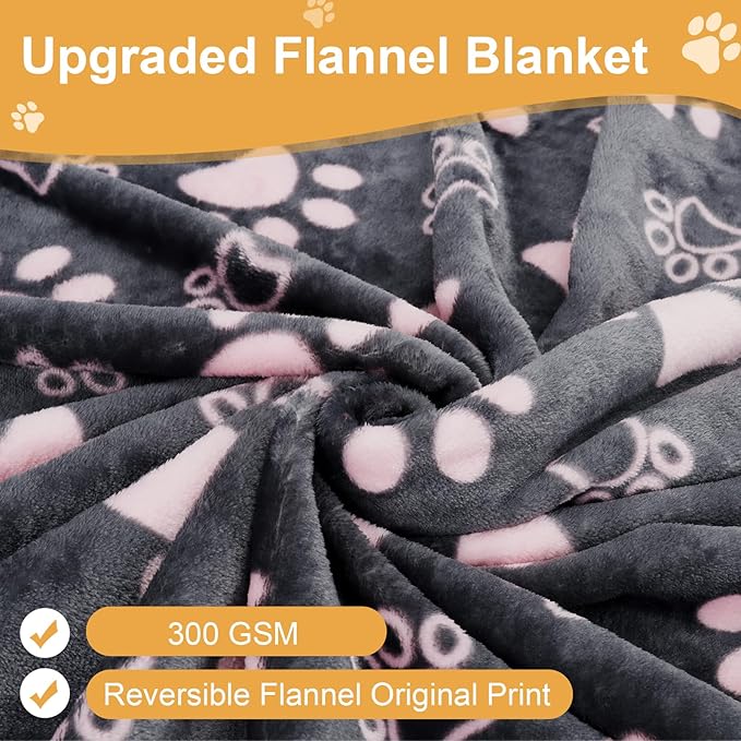 Upgraded Dog Blankets for Large Dogs, Cat Flannel Blankets Washable, with Premium 300GSM Soft Pet Throw Cover for Kennel Crate Bed, Cute Paw Pattern,50x60 inch,Grey & Pink.