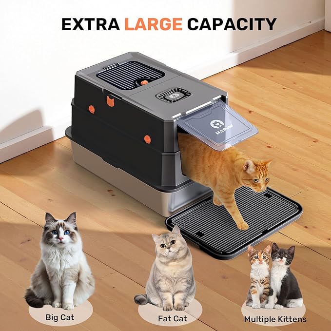 Stainless Steel Litter Box with Lid, Anti-Leakage Enclosed Metal Litter Box, Flip-Top Extra Large Kitty Litter Pan with Scoop & Pedal, Odor Free, Front & Top Dual Entry, Black