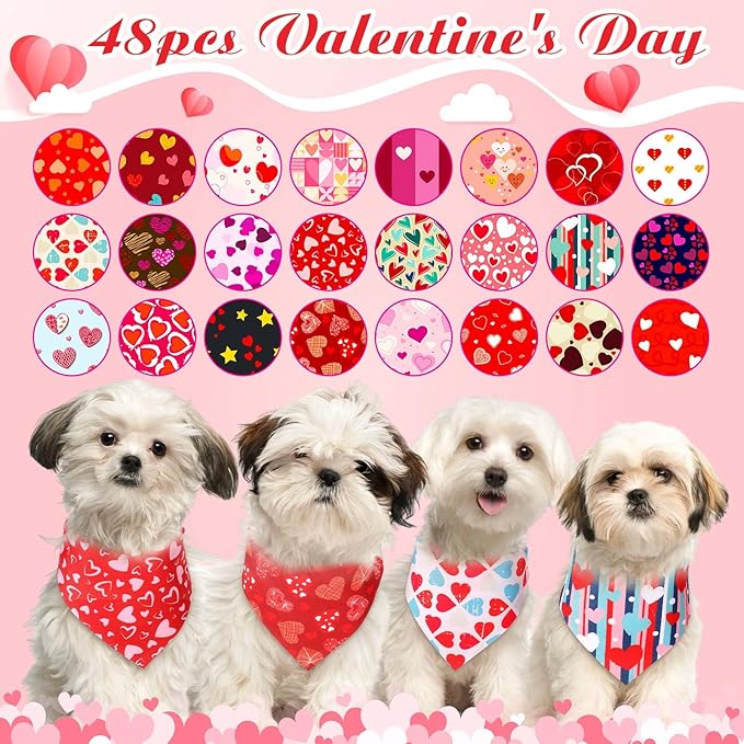 Sanwuta 48 Pcs Valentine's Day Dog Bandanas Bulk Valentines Dog Bandanas Adjustable Colorful Heart Scarf Red Pink Bib Accessories for Small Medium Large Breeds Pet Costume Accessories