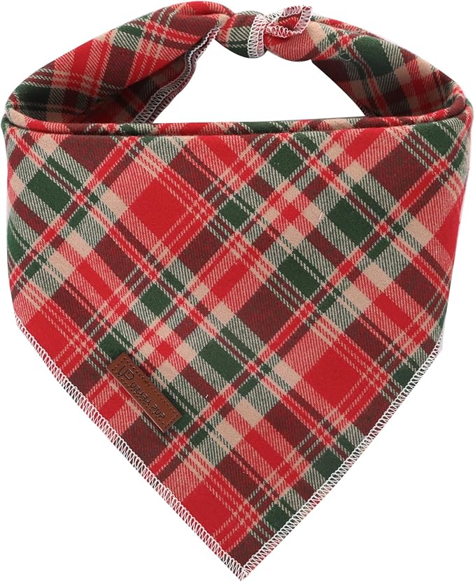 Christmas Plaid Dog Bandana–Red and Green Checked Triangle Scarf for Small Medium Large Dogs, Soft Cotton Pet Bib for Winter & New Year, Adjustable Dog Kerchief