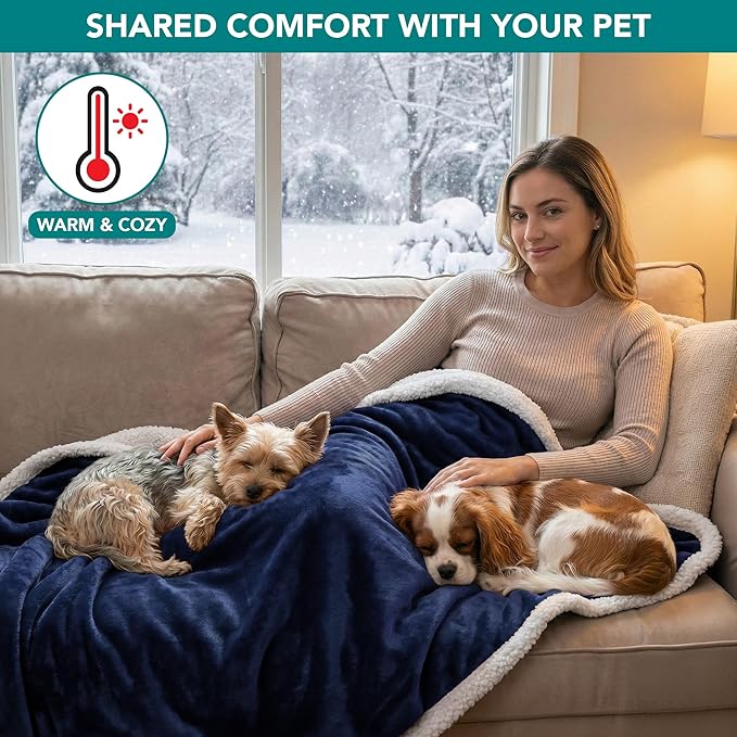 PetAmi Waterproof Dog Blanket for Medium Large Dog Puppy Cat Throw for Couch Cover Leakproof Protection, Sherpa Fleece, Reversible Soft Washable 60x40 Navy Blue