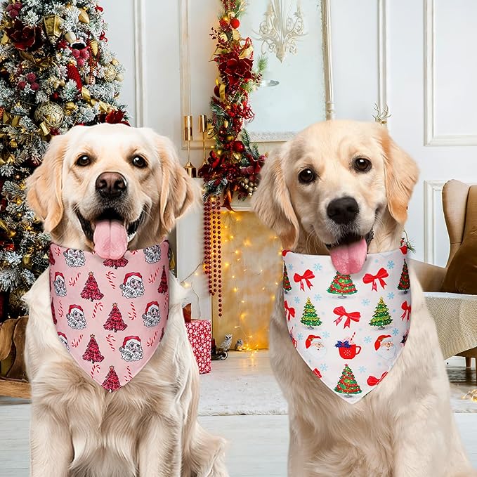 Cute Christmas Dog Bandanas Small 2PCS, 4 Pattern Holiday Scarf for Boy and Girl, Triangle Reversible Bibs Breed for Puppy Pets