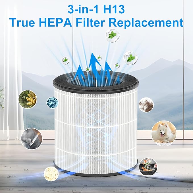 Tailulu 2 Packs D09 Air Purifier Replacement Filter, 3-in-1 True H13 True HEPA Air Cleaner Purifier for Home Large Room Up to 1680 Sq Ft