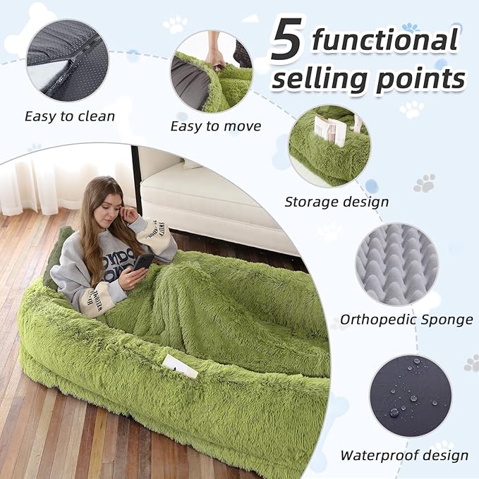 Human Dog Bed, 71''x45''x12'' Size Fits You and Pets, Washable Faux Fur Pet Bed for People Doze Off, Napping Orthopedic Dog Bed, Present Plump Pillow, Blanket, Strap - GrassGreen