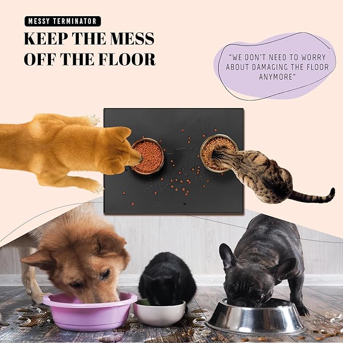 AVERYDAY 100% Waterproof Thicker Silicone Dog Food Mat, 0.63'' Raised Edge Bowl Mat for Food & Water, Non Slip Pet Feeding Placemat for Messy Drinkers, Perfect for Large Medium Small Breeds, 32"x24"