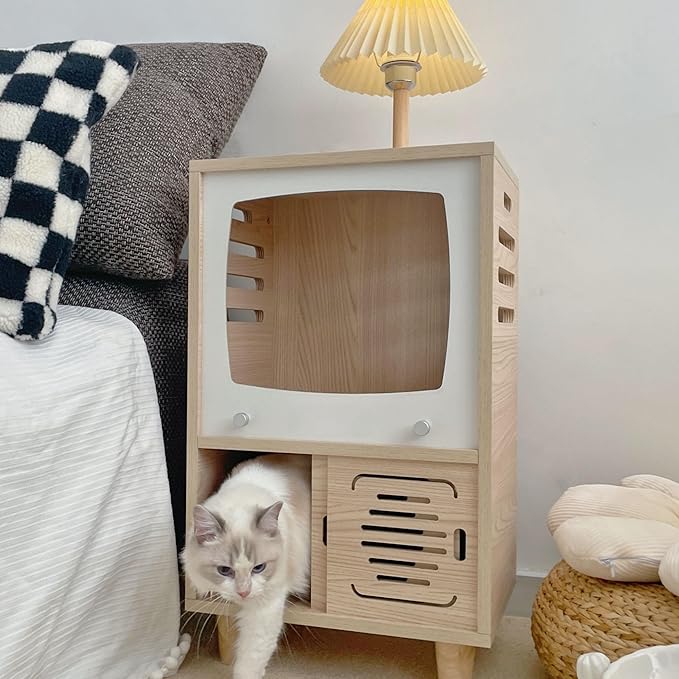 Cat House Side Table, 2-in-1 Wooden Cat House and Bedside Table with Scratching Board - Large Retro TV-Style Two-Tier Indoor Cat Activity Center, Suitable for Indoor Use, Bedside. (Oaken, O)