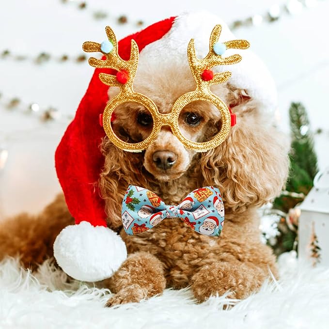 Christmas Dog Collar with Bow Tie Set, Holiday Santa Claus Pattern Pet Collar for Small Medium Large Dogs, Adjustable Puppy Collar with Quick Release Buckle